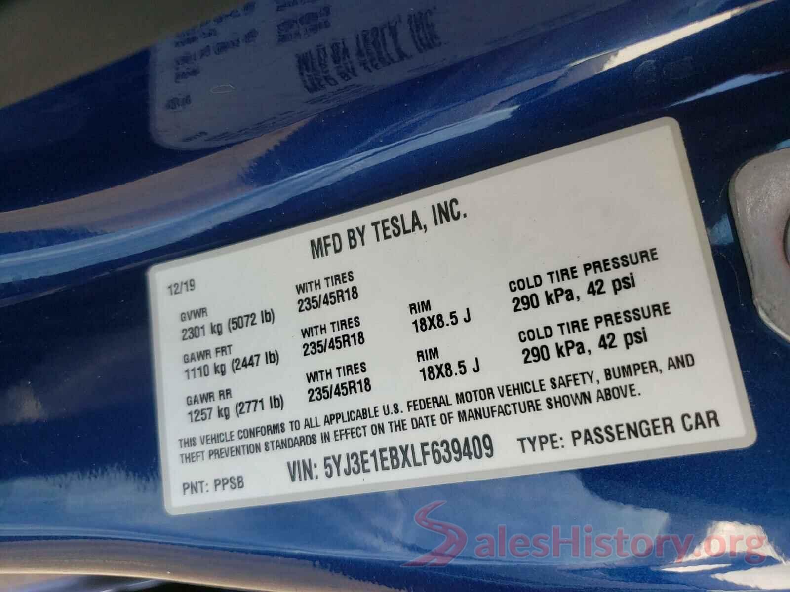 5YJ3E1EBXLF639409 2020 TESLA MODEL 3