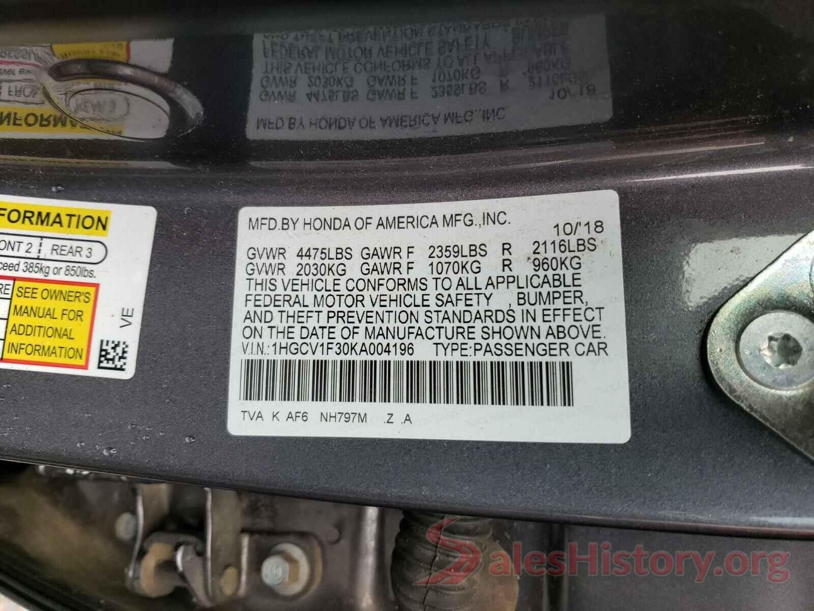 1HGCV1F30KA004196 2019 HONDA ACCORD