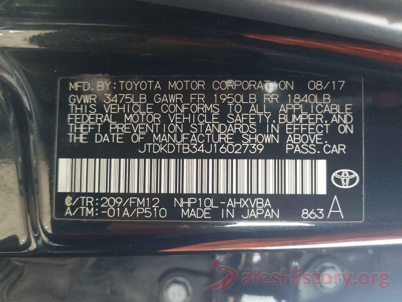 JTDKDTB34J1602739 2018 TOYOTA PRIUS