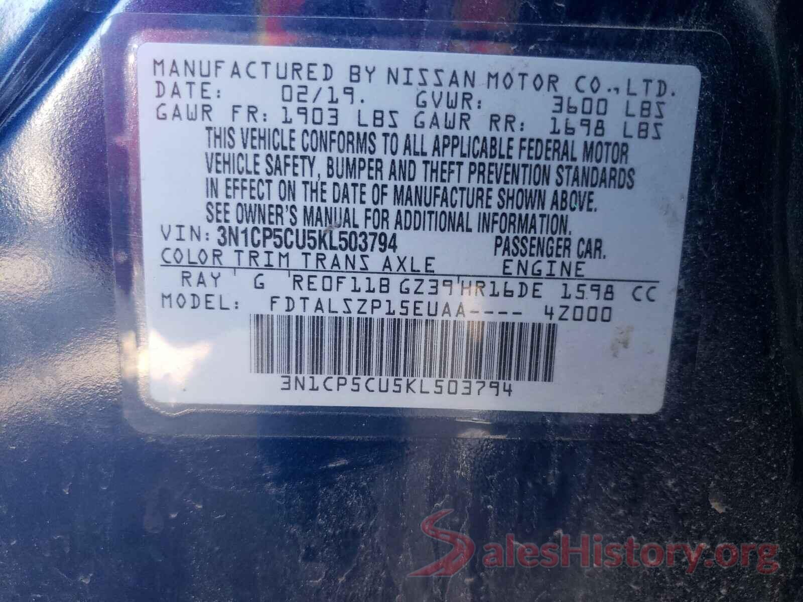 3N1CP5CU5KL503794 2019 NISSAN KICKS