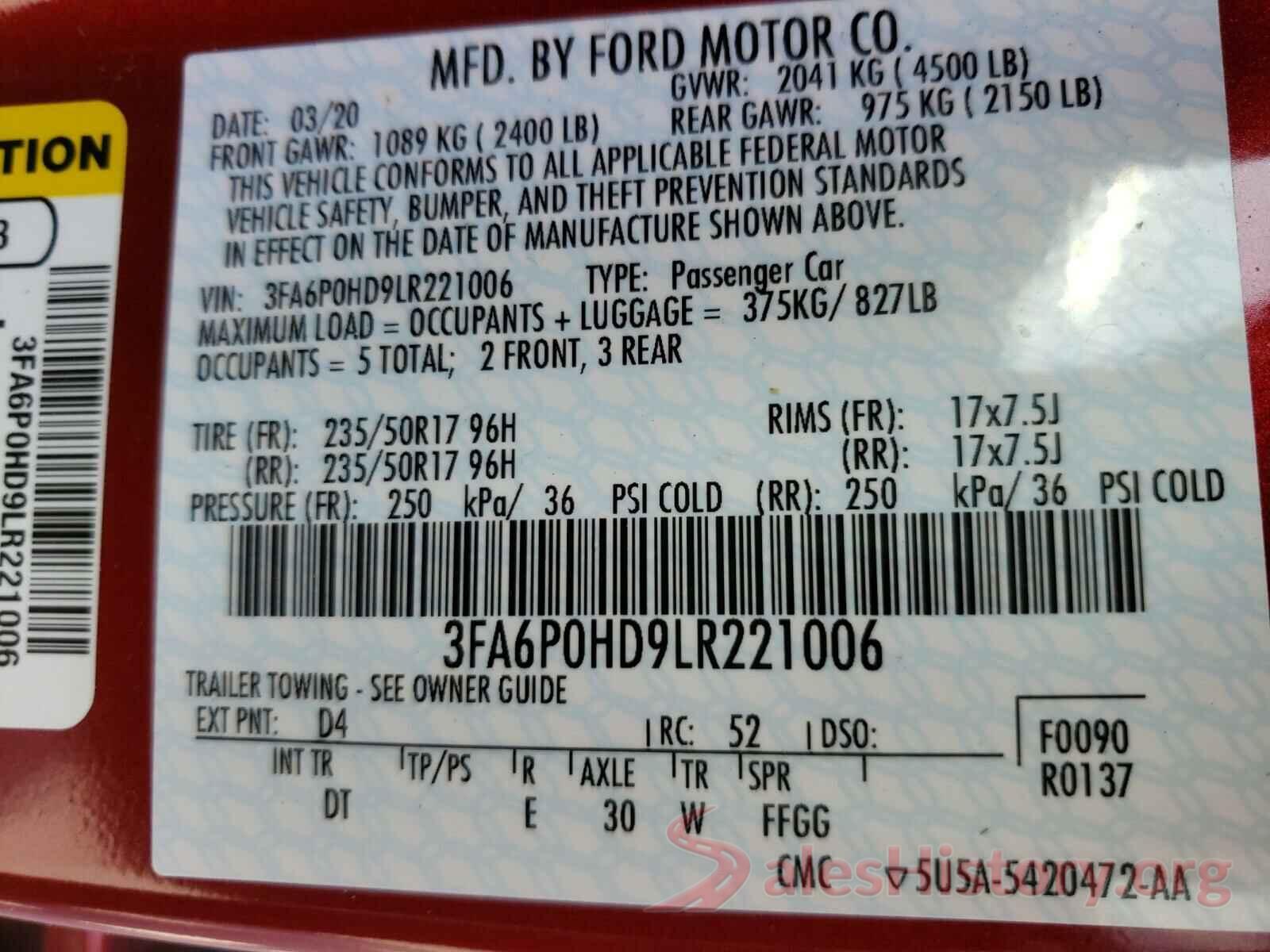 3FA6P0HD9LR221006 2020 FORD FUSION