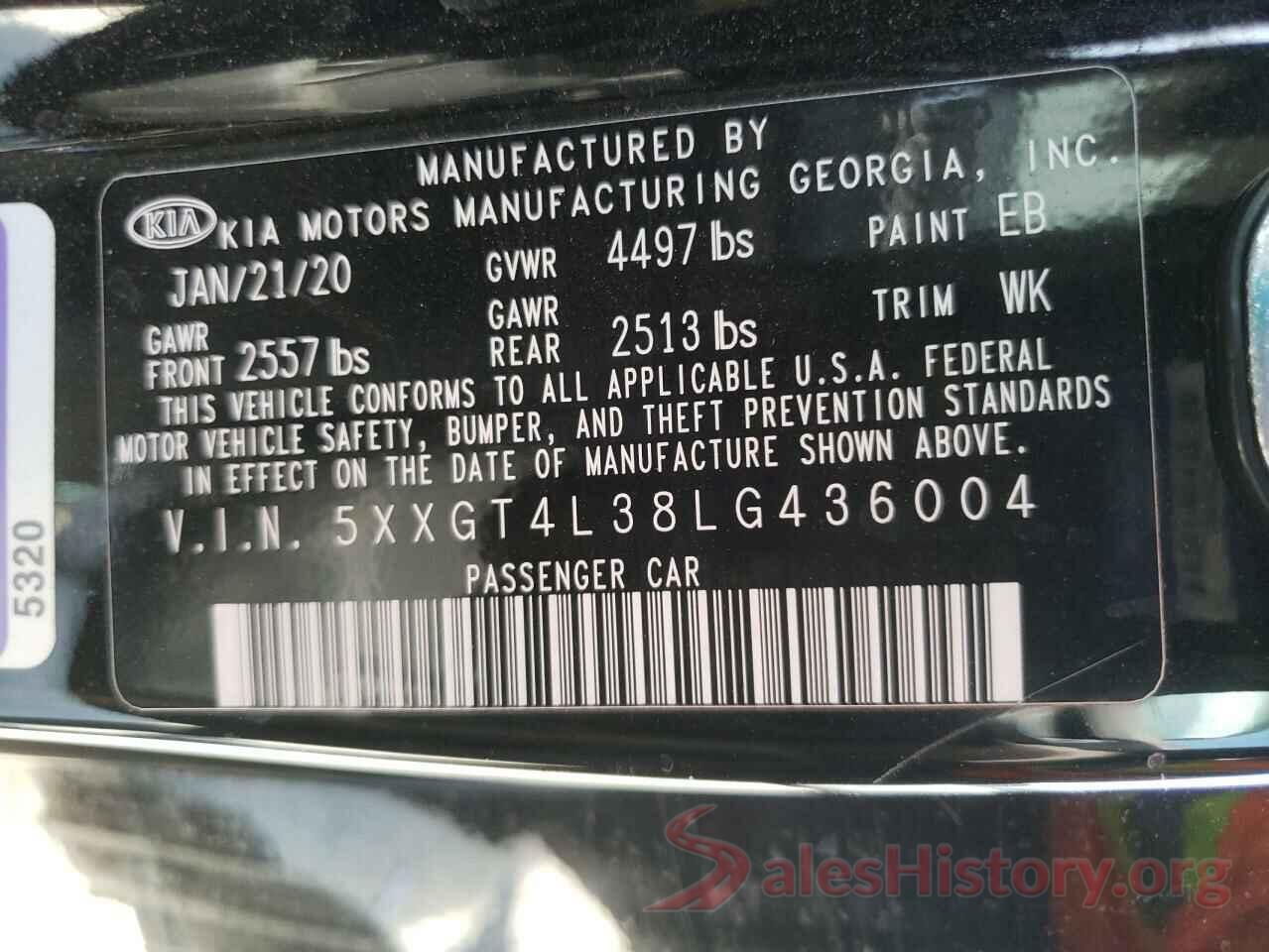 5XXGT4L38LG436004 2020 KIA OPTIMA