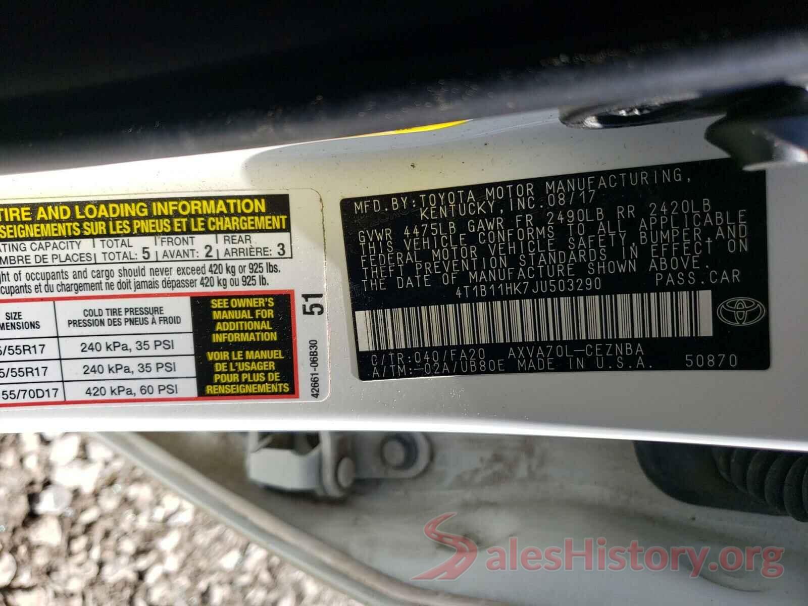 4T1B11HK7JU503290 2018 TOYOTA CAMRY