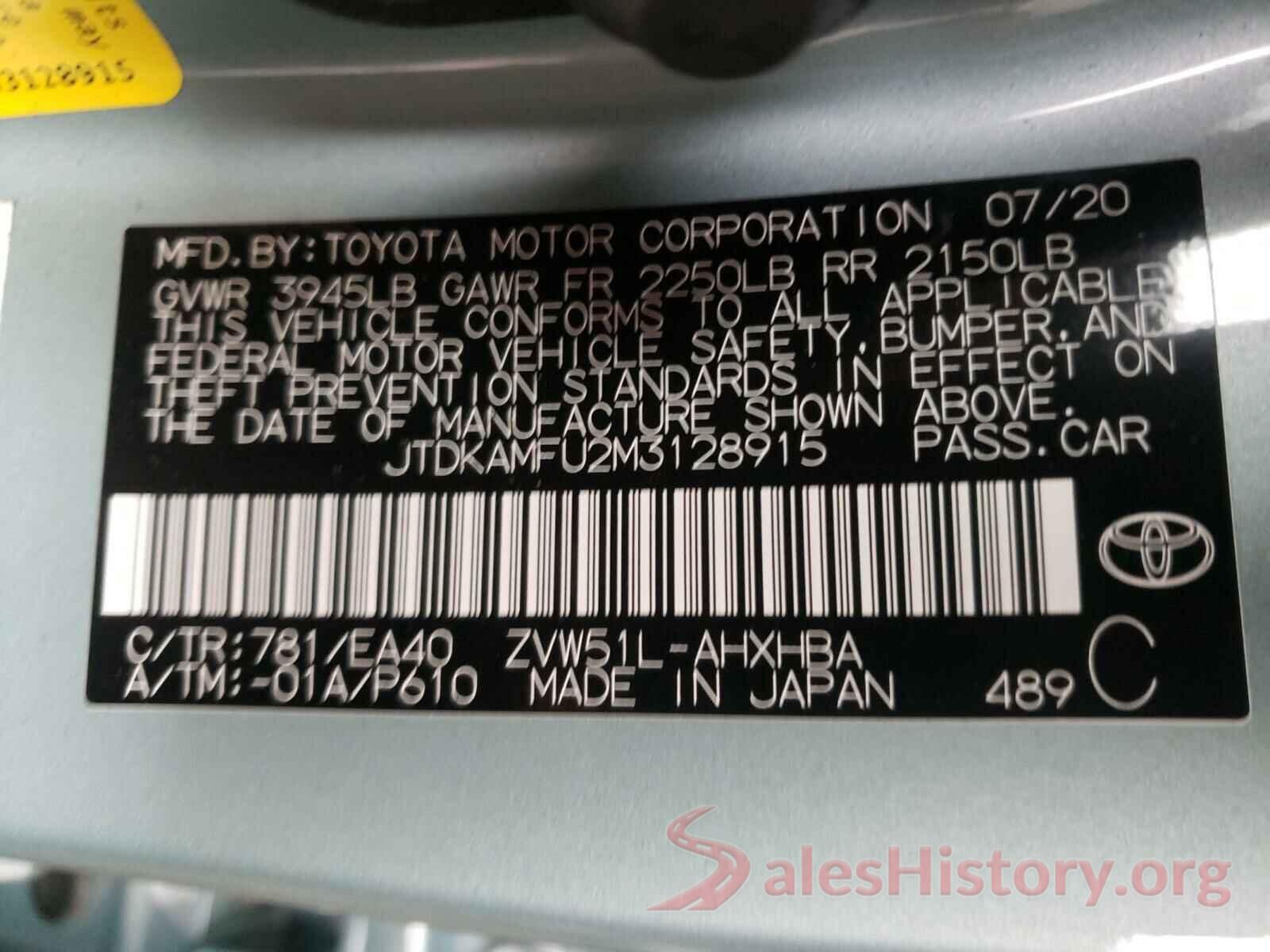 JTDKAMFU2M3128915 2021 TOYOTA PRIUS