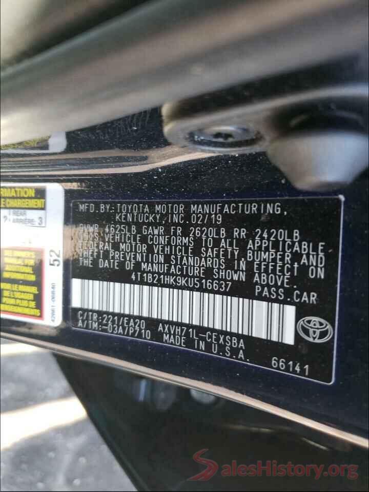 4T1B21HK9KU516637 2019 TOYOTA CAMRY