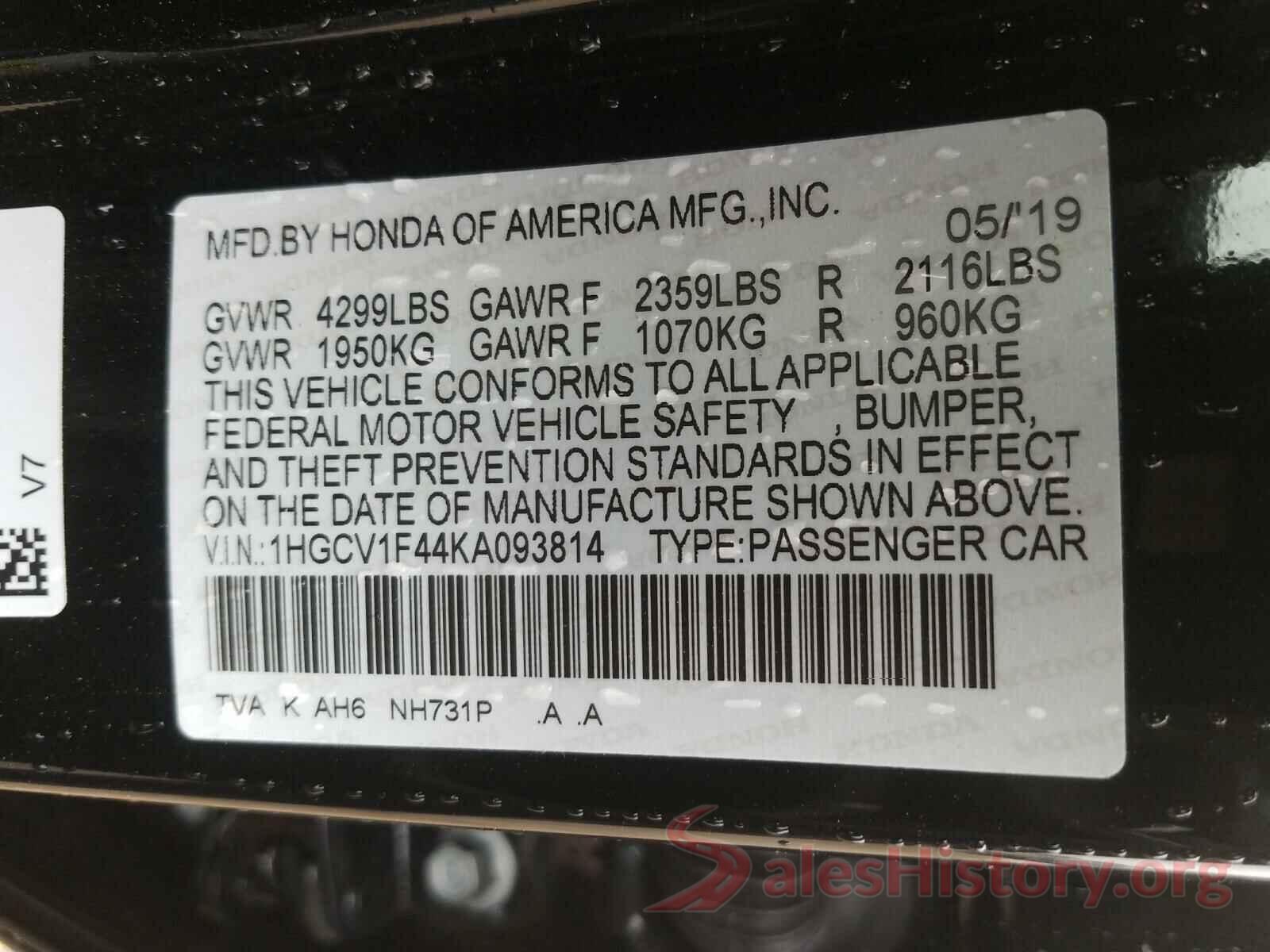 1HGCV1F44KA093814 2019 HONDA ACCORD