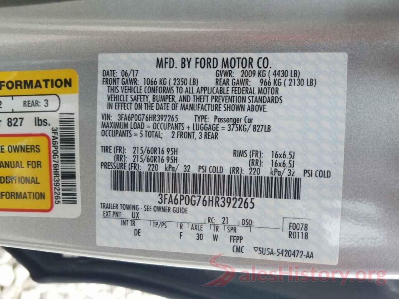 3FA6P0G76HR392265 2017 FORD FUSION