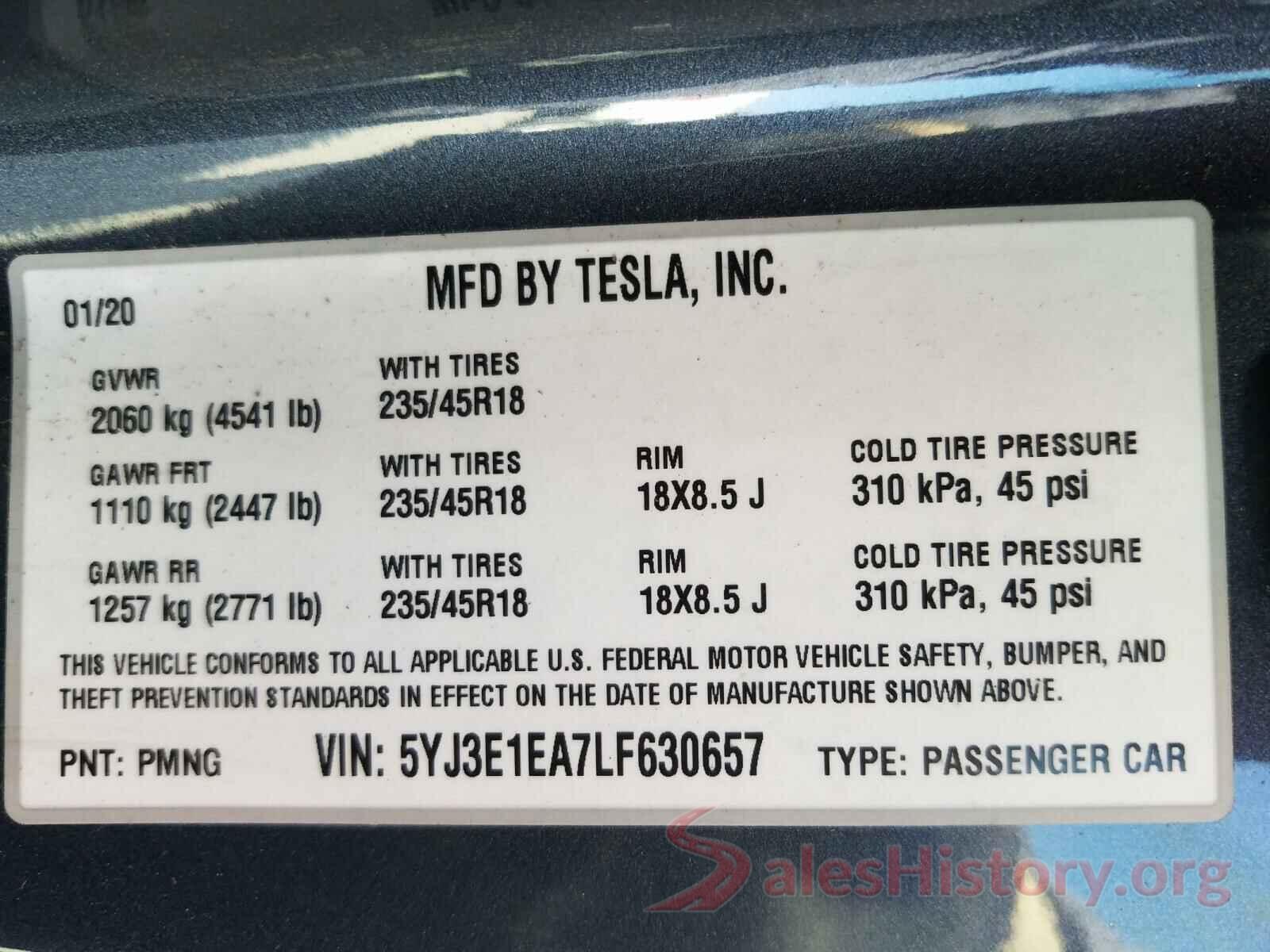 5YJ3E1EA7LF630657 2020 TESLA MODEL 3