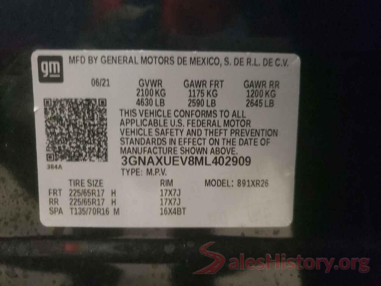 3GNAXUEV8ML402909 2021 CHEVROLET EQUINOX