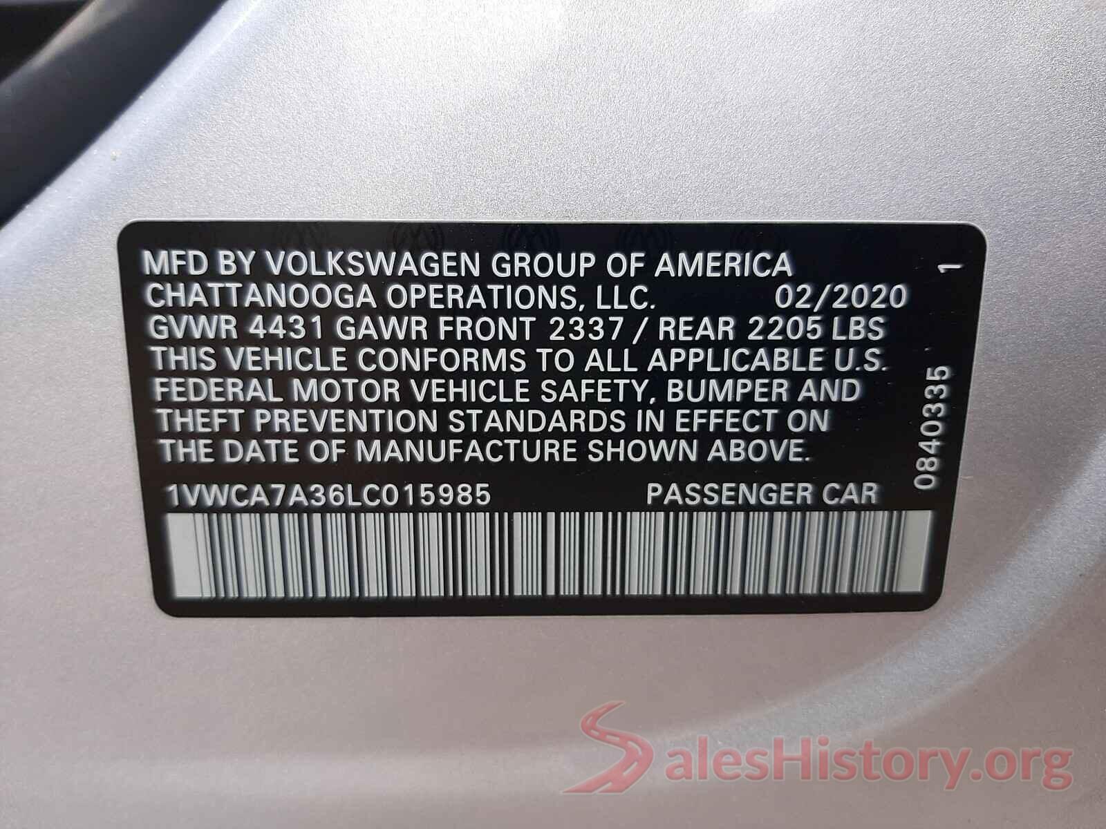 1VWCA7A36LC015985 2020 VOLKSWAGEN PASSAT