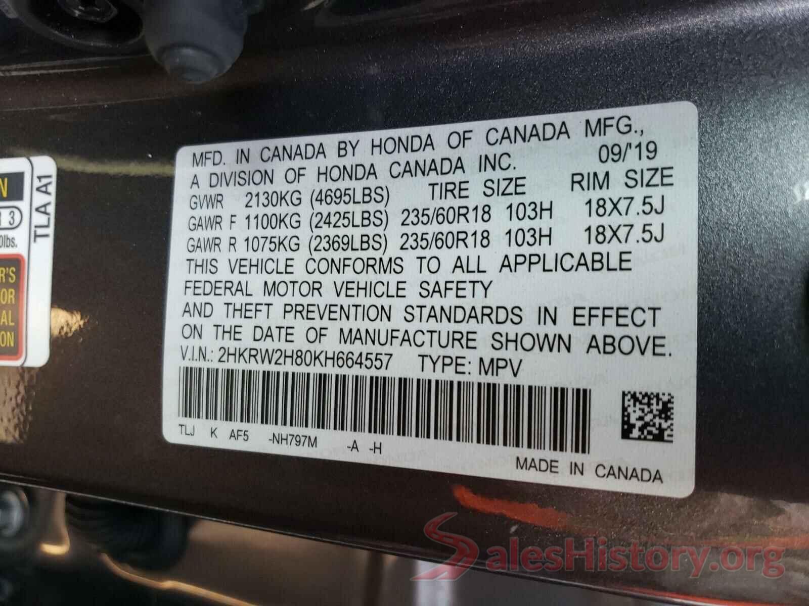 2HKRW2H80KH664557 2019 HONDA CRV