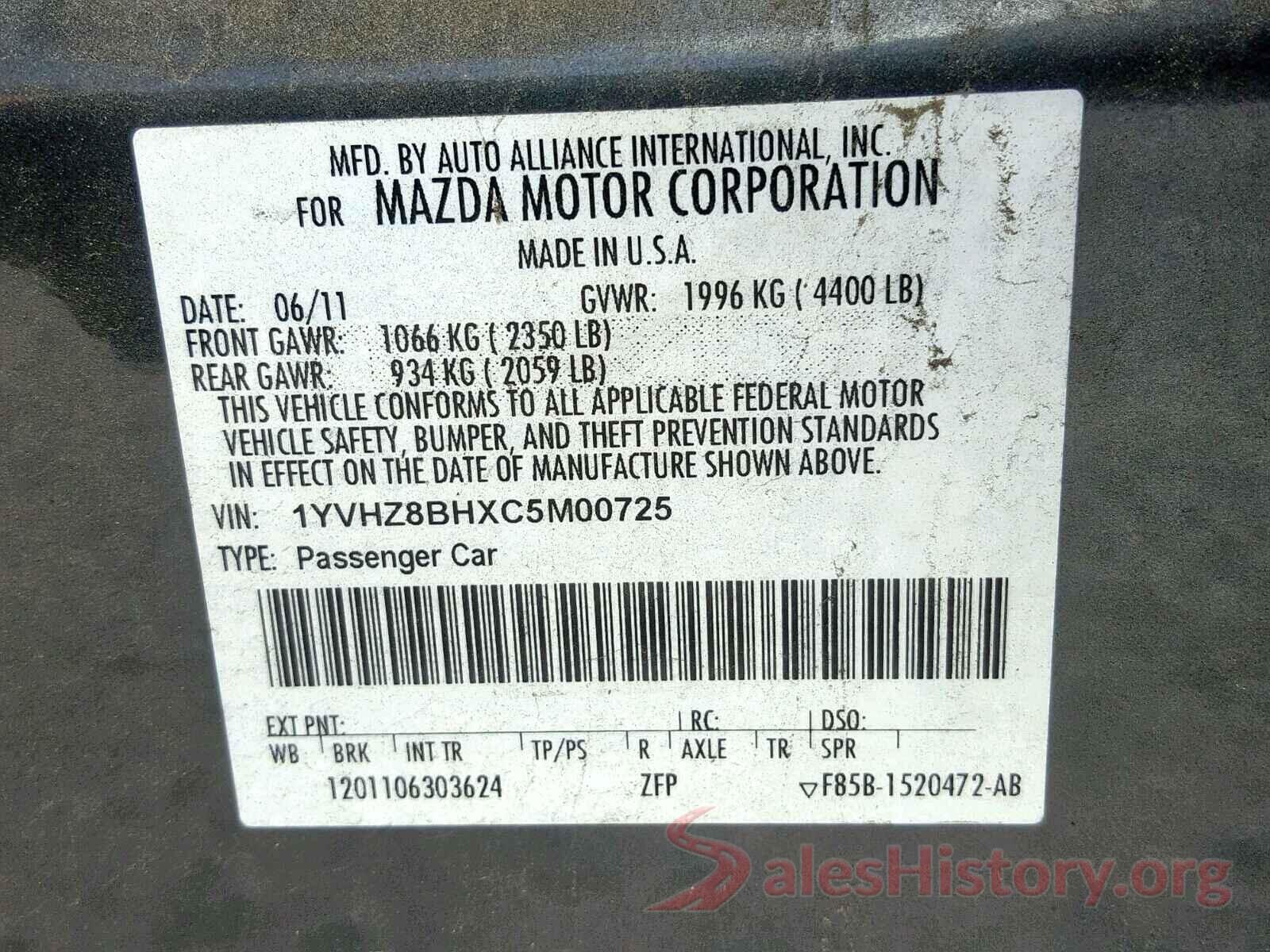 1YVHZ8BHXC5M00725 2012 MAZDA 6