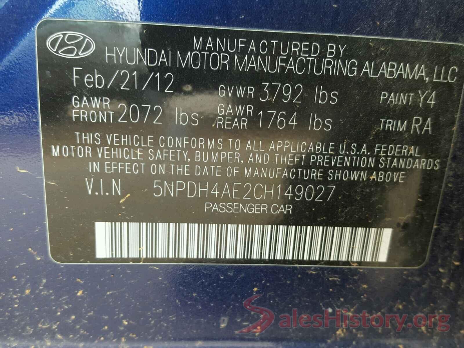 5NPDH4AE2CH149027 2012 HYUNDAI ELANTRA