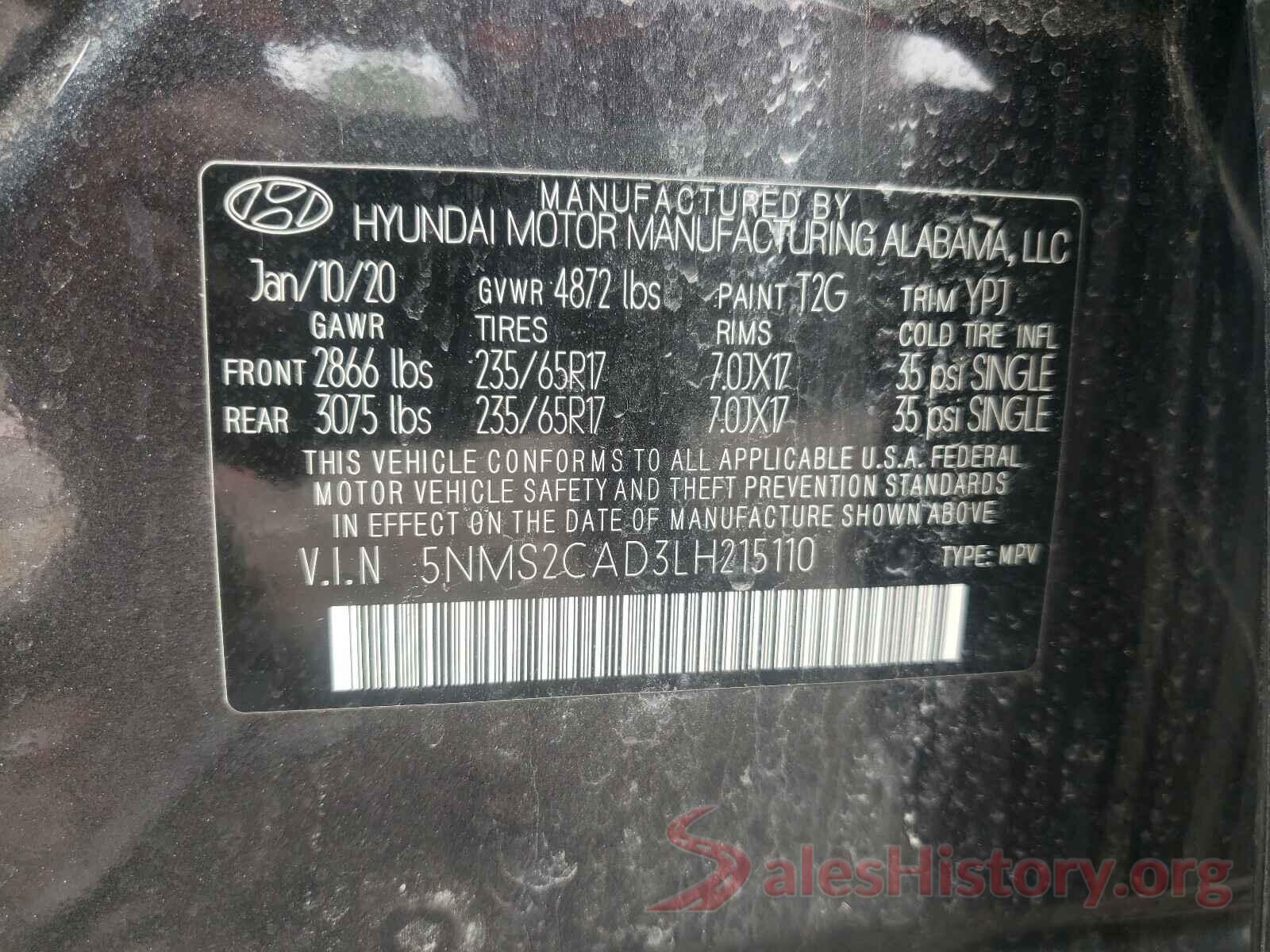 5NMS2CAD3LH215110 2020 HYUNDAI SANTA FE