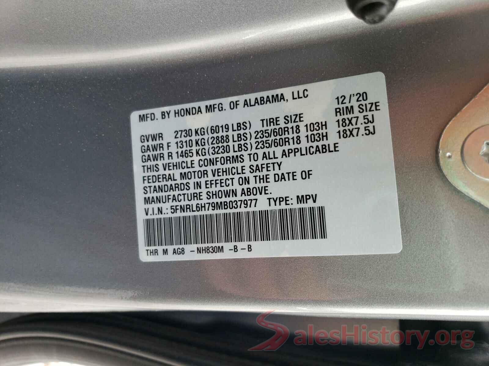 5FNRL6H79MB037977 2021 HONDA ODYSSEY