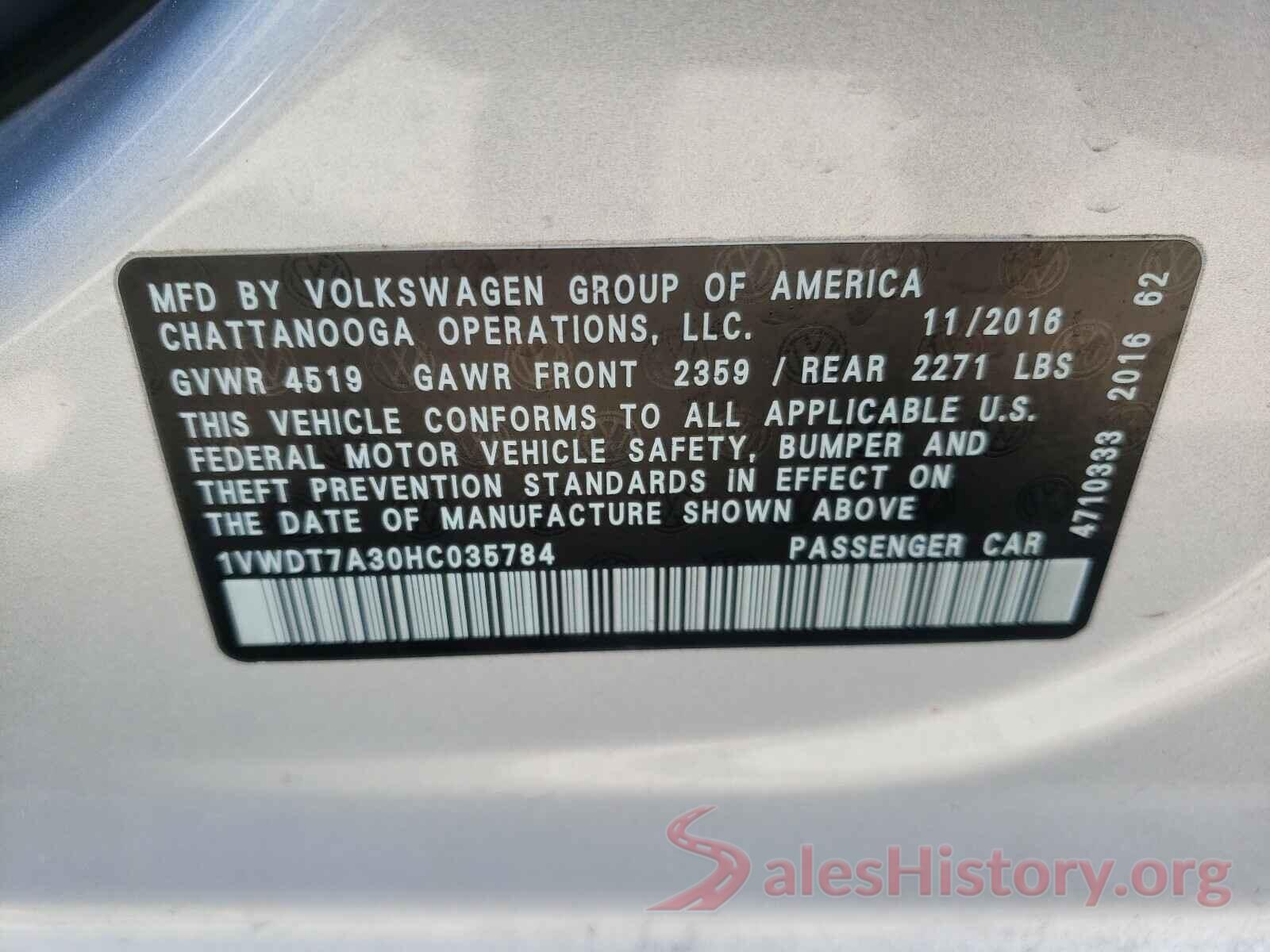 1VWDT7A30HC035784 2017 VOLKSWAGEN PASSAT