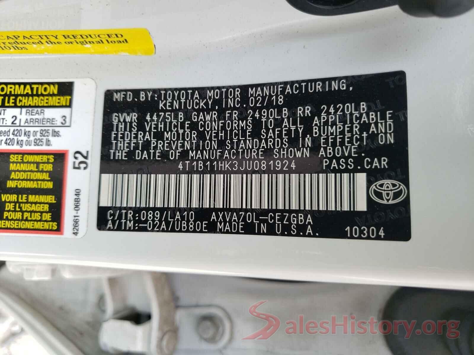 4T1B11HK3JU081924 2018 TOYOTA CAMRY