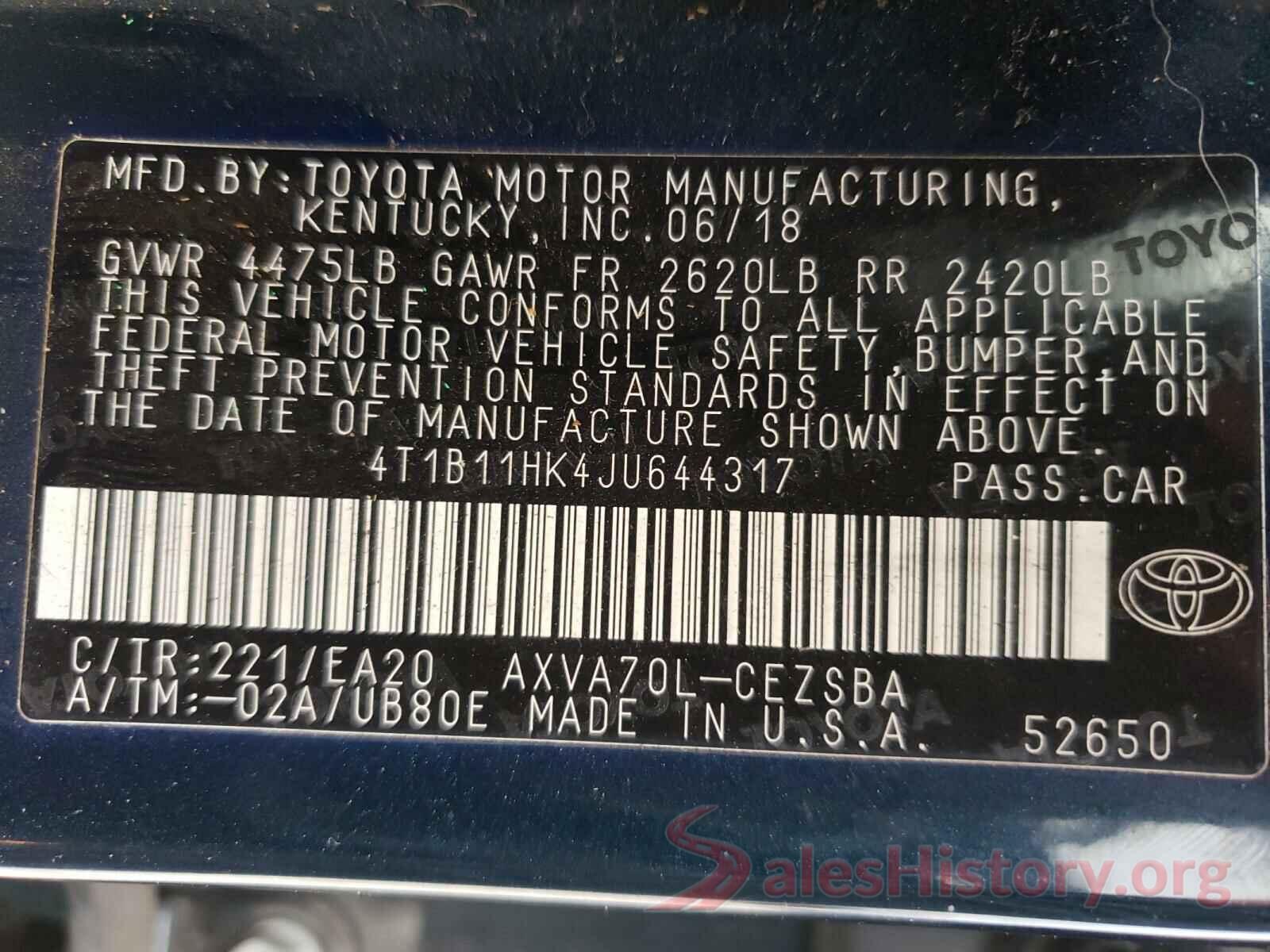 4T1B11HK4JU644317 2018 TOYOTA CAMRY