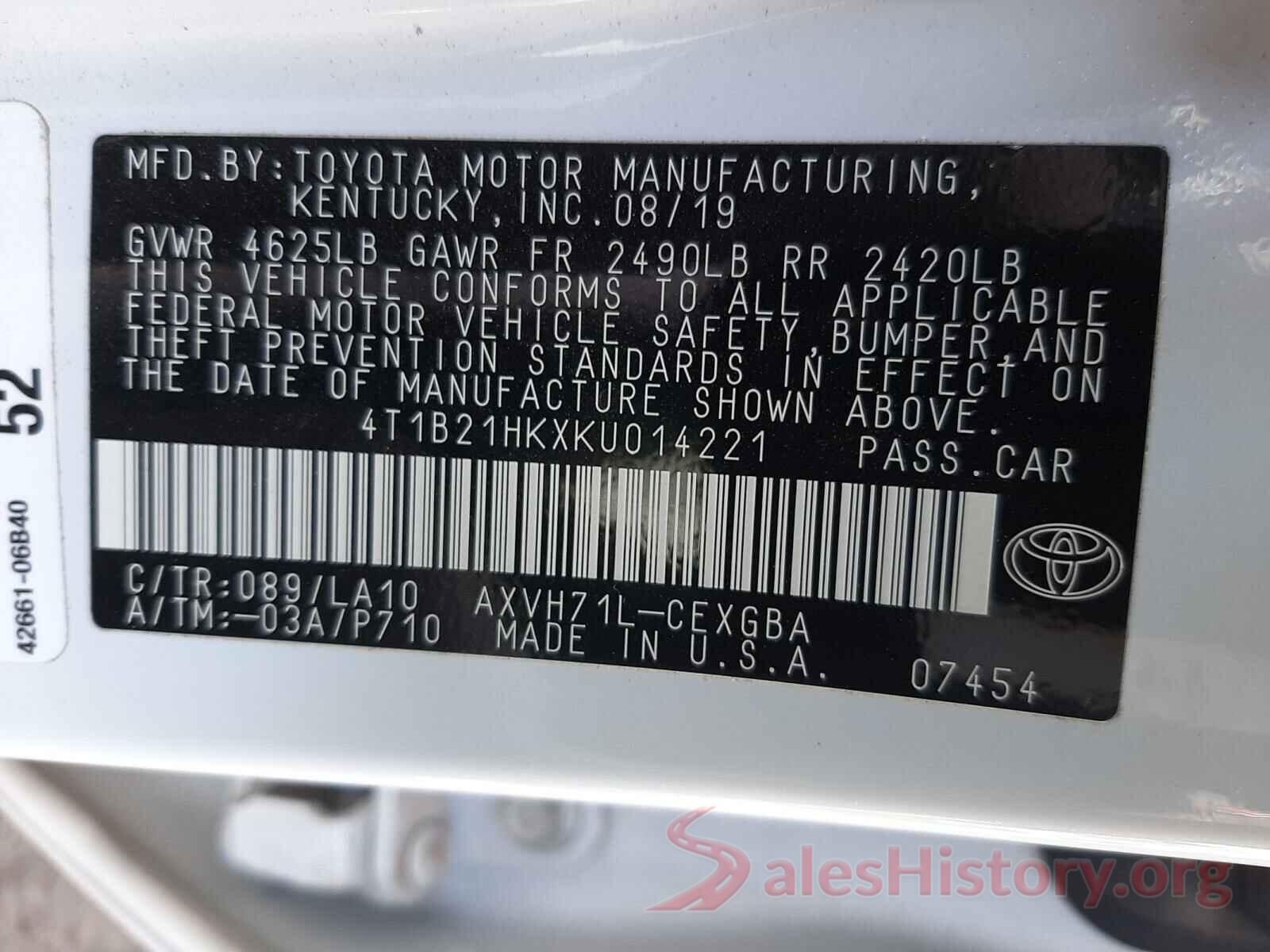 4T1B21HKXKU014221 2019 TOYOTA CAMRY