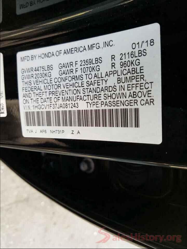 1HGCV1F37JA081243 2018 HONDA ACCORD