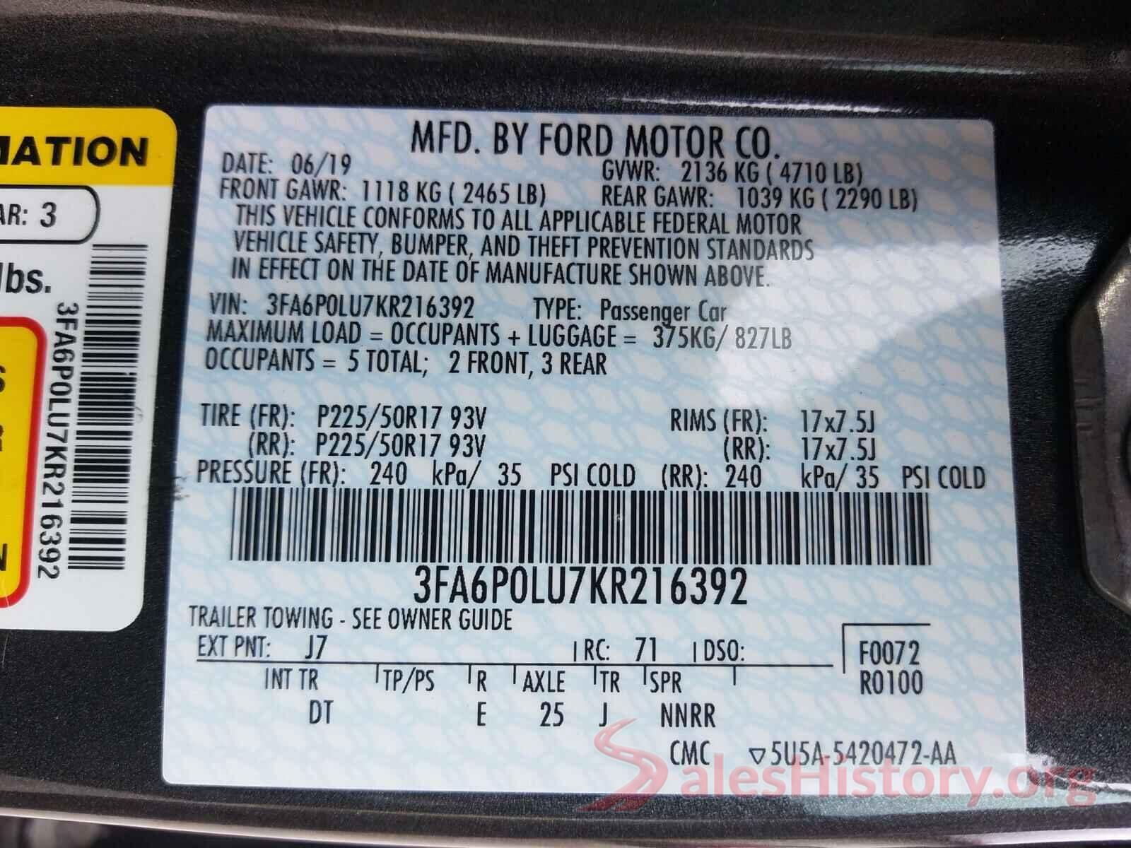 3FA6P0LU7KR216392 2019 FORD FUSION