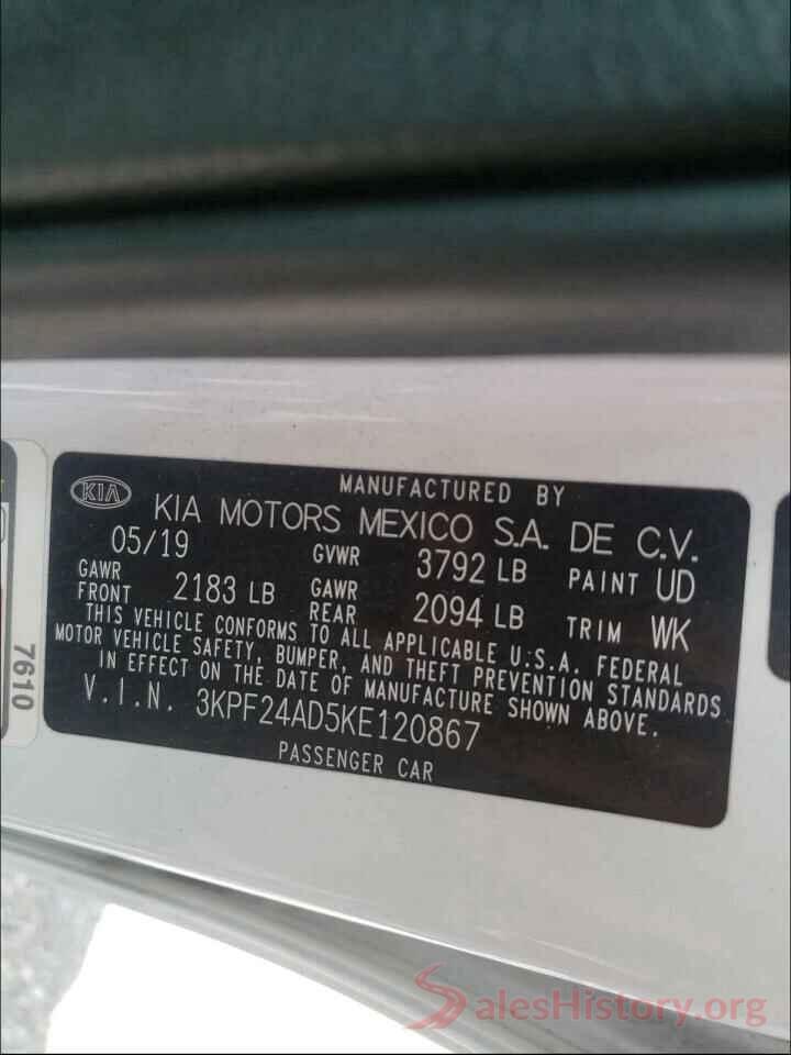 3KPF24AD5KE120867 2019 KIA FORTE