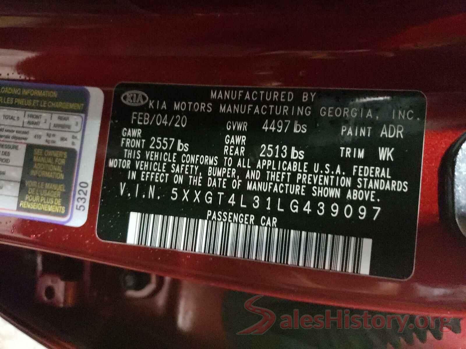 5XXGT4L31LG439097 2020 KIA OPTIMA