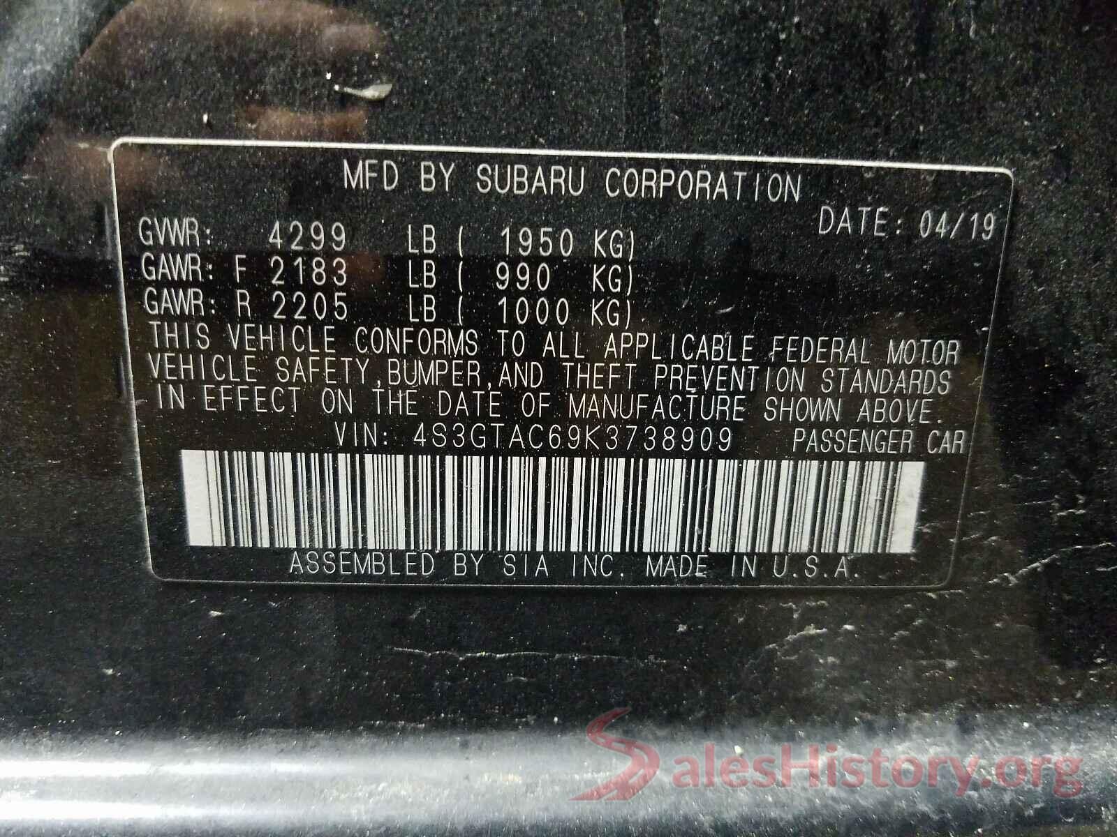 4S3GTAC69K3738909 2019 SUBARU IMPREZA