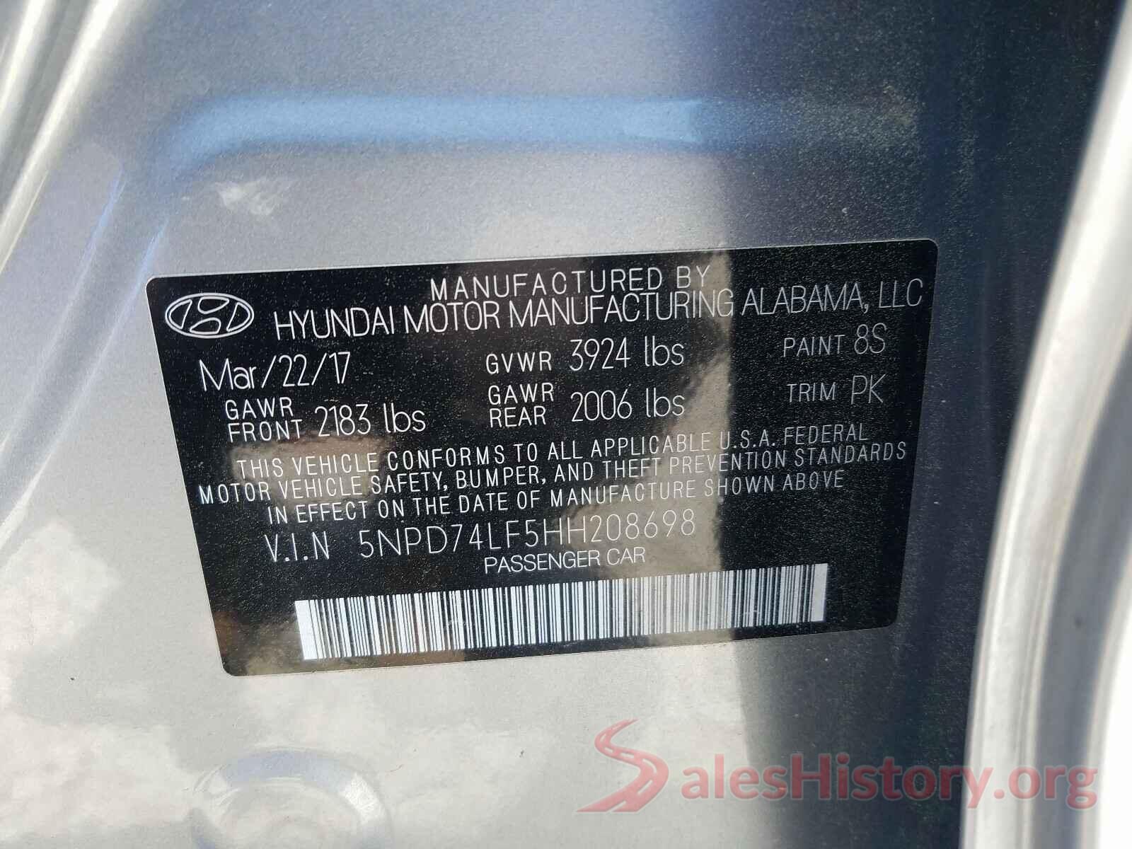 5NPD74LF5HH208698 2017 HYUNDAI ELANTRA