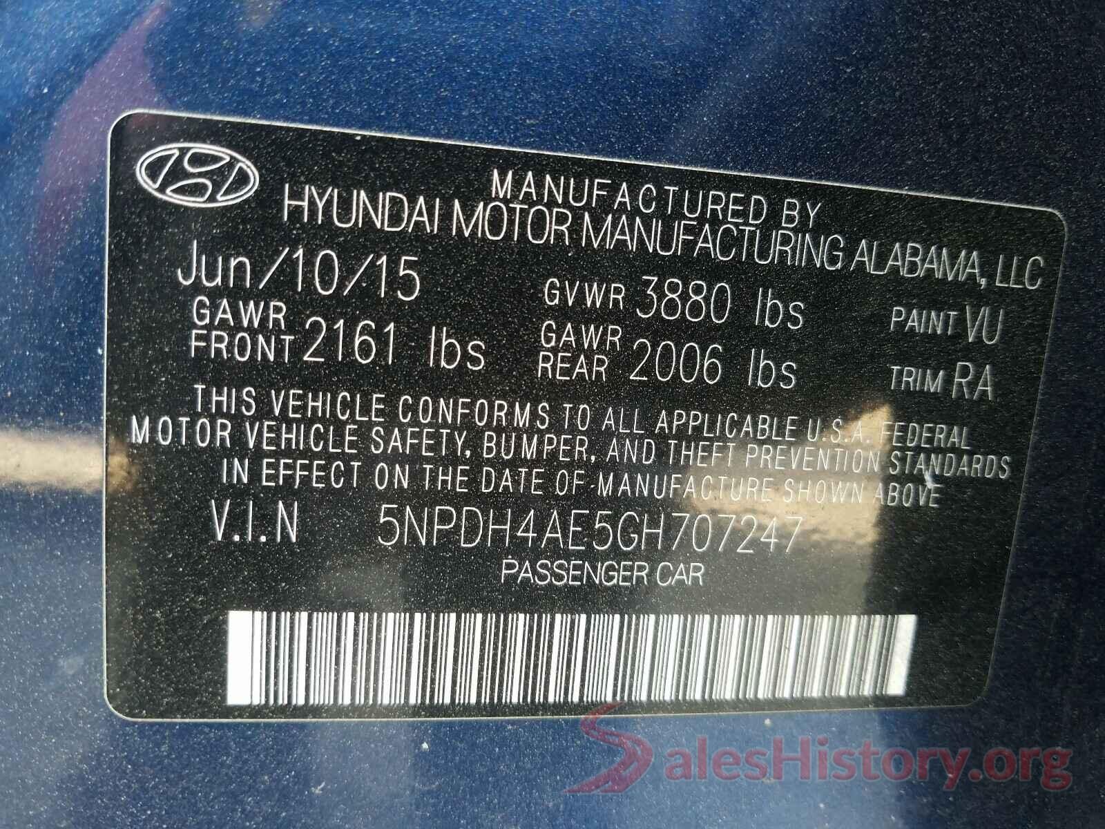 5NPDH4AE5GH707247 2016 HYUNDAI ELANTRA