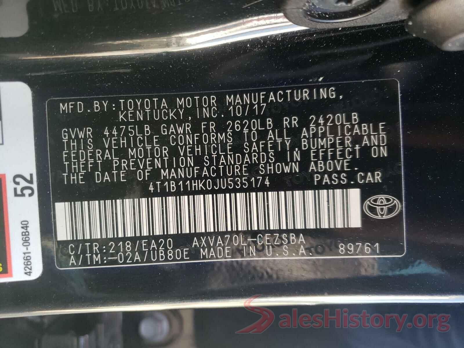 4T1B11HK0JU535174 2018 TOYOTA CAMRY