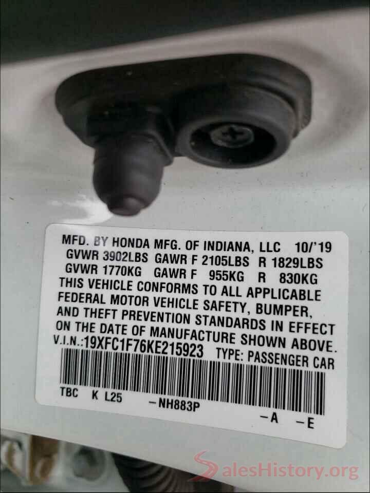 19XFC1F76KE215923 2019 HONDA CIVIC