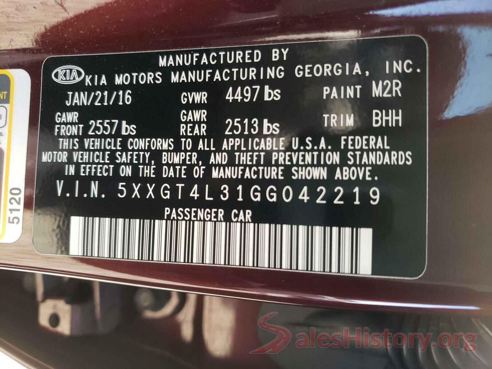 5XXGT4L31GG042219 2016 KIA OPTIMA