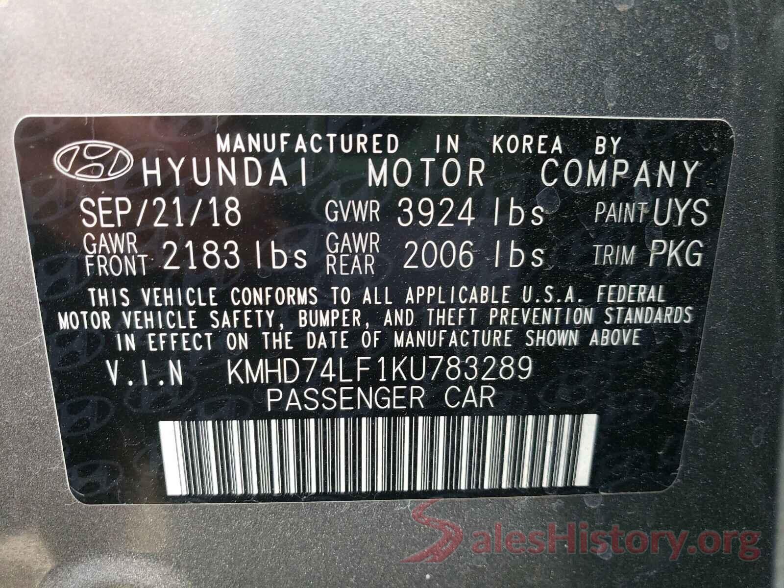 KMHD74LF1KU783289 2019 HYUNDAI ELANTRA