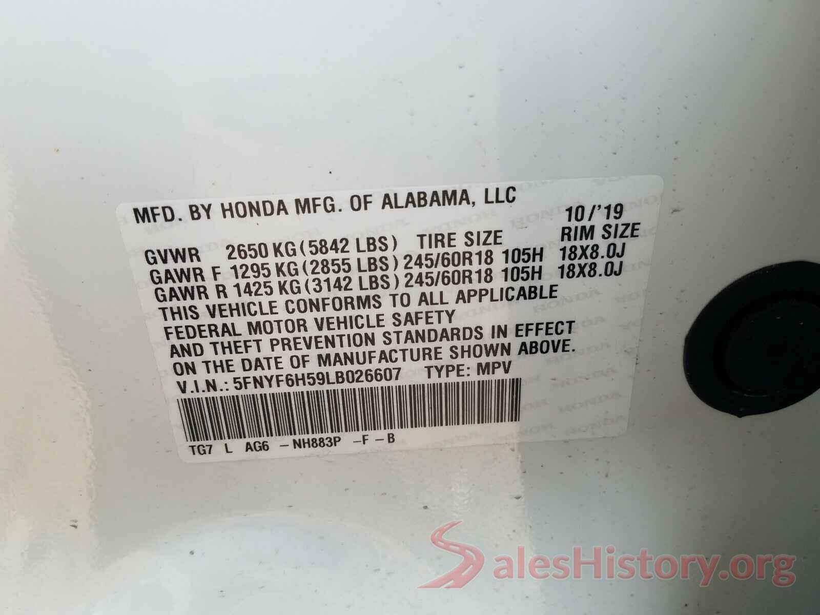 5FNYF6H59LB026607 2020 HONDA PILOT