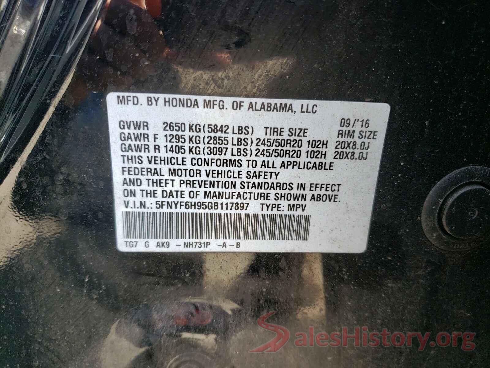 5FNYF6H95GB117897 2016 HONDA PILOT