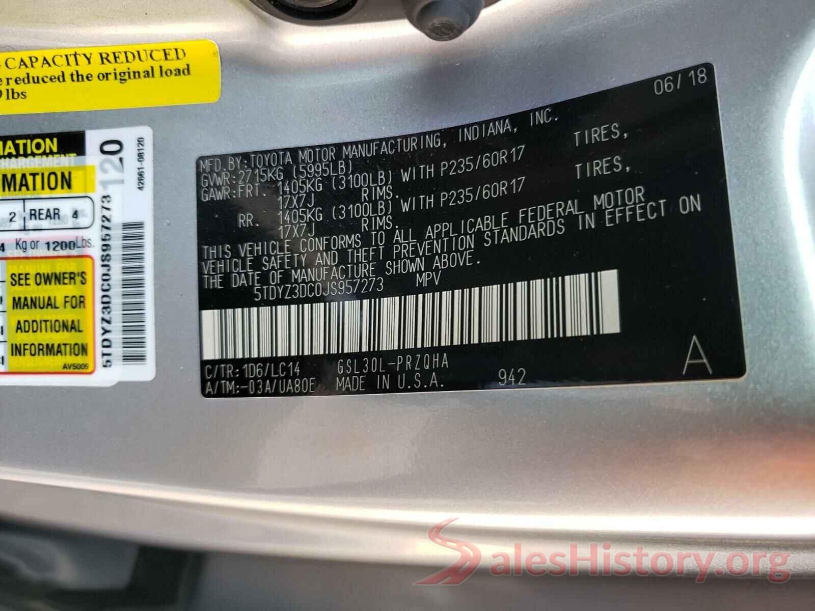 5TDYZ3DC0JS957273 2018 TOYOTA SIENNA