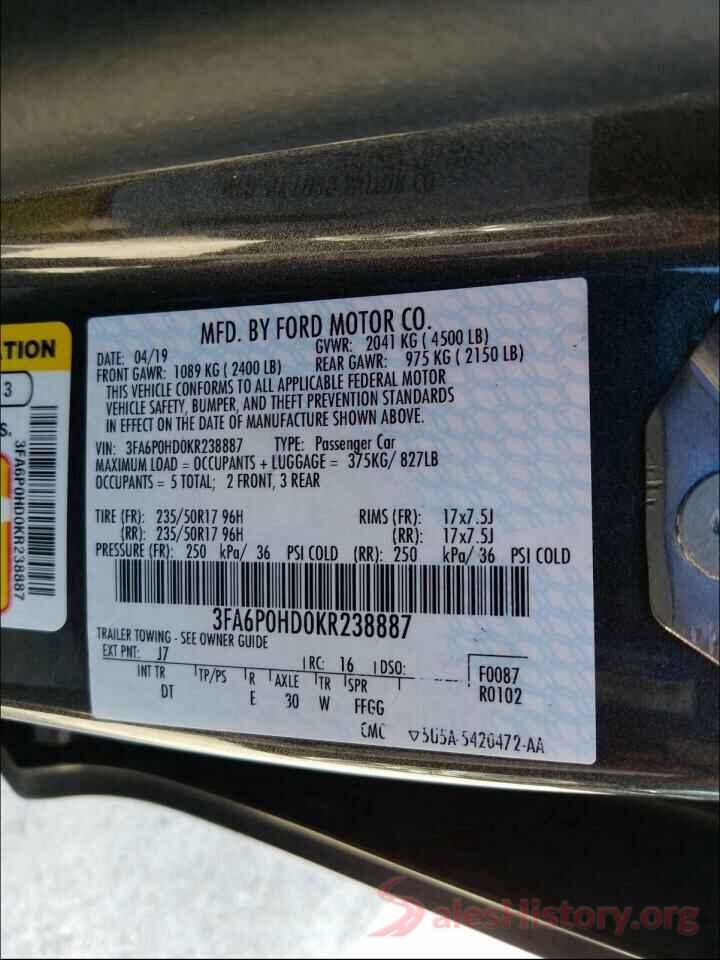 3FA6P0HD0KR238887 2019 FORD FUSION