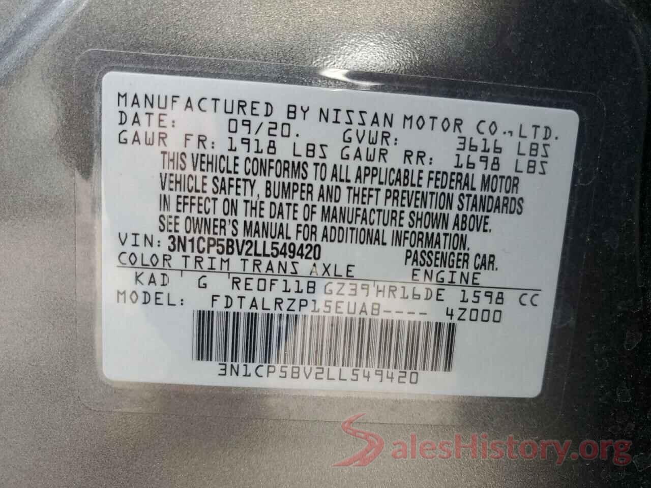 3N1CP5BV2LL549420 2020 NISSAN KICKS