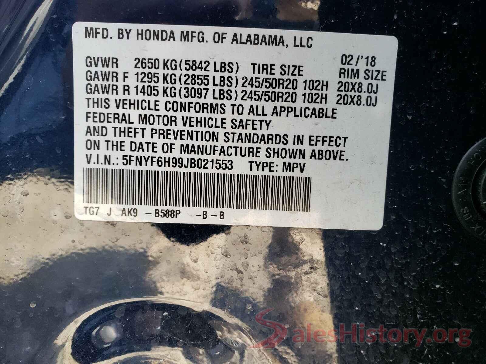 5FNYF6H99JB021553 2018 HONDA PILOT