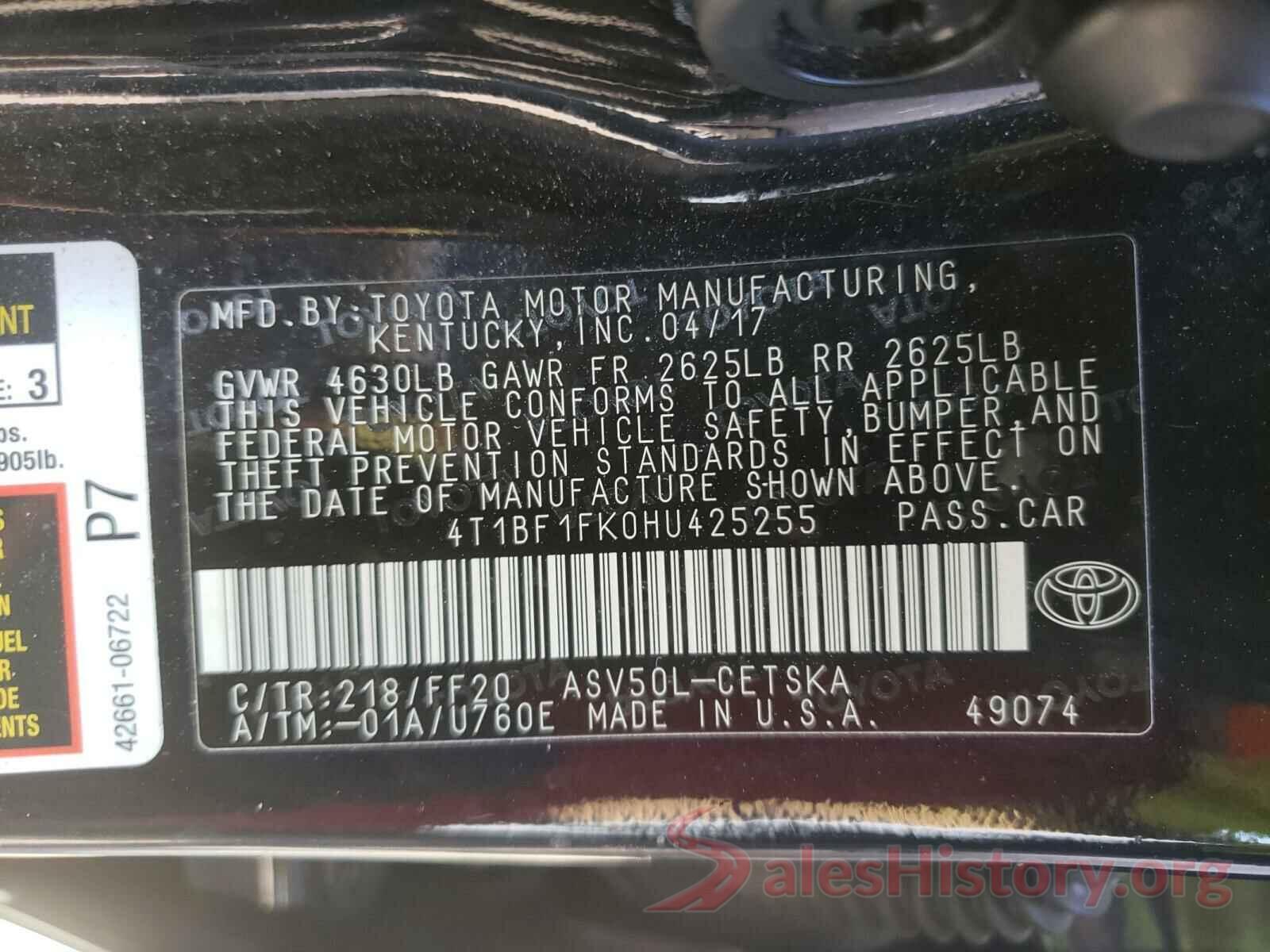 4T1BF1FK0HU425255 2017 TOYOTA CAMRY