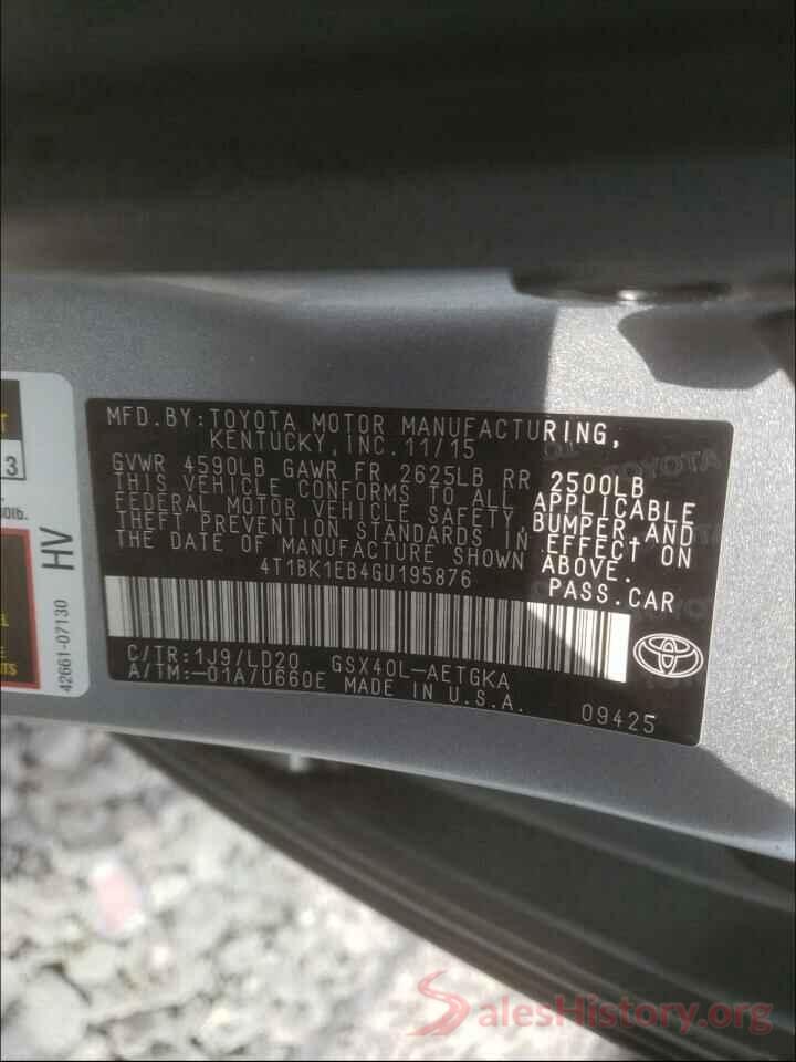 4T1BK1EB4GU195876 2016 TOYOTA AVALON