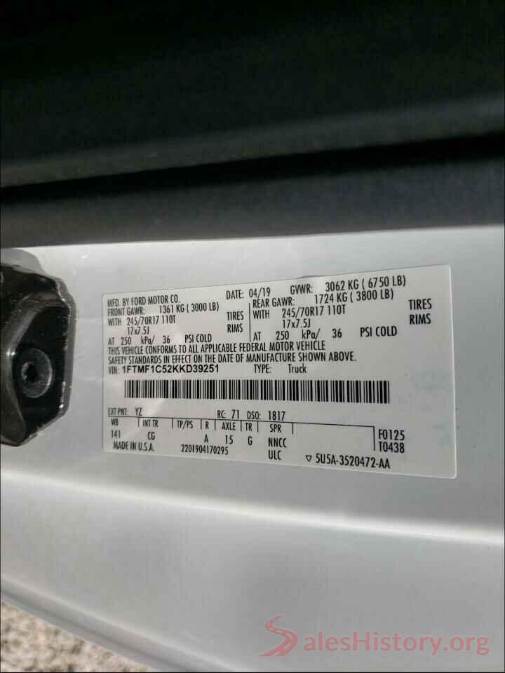 1FTMF1C52KKD39251 2019 FORD F150