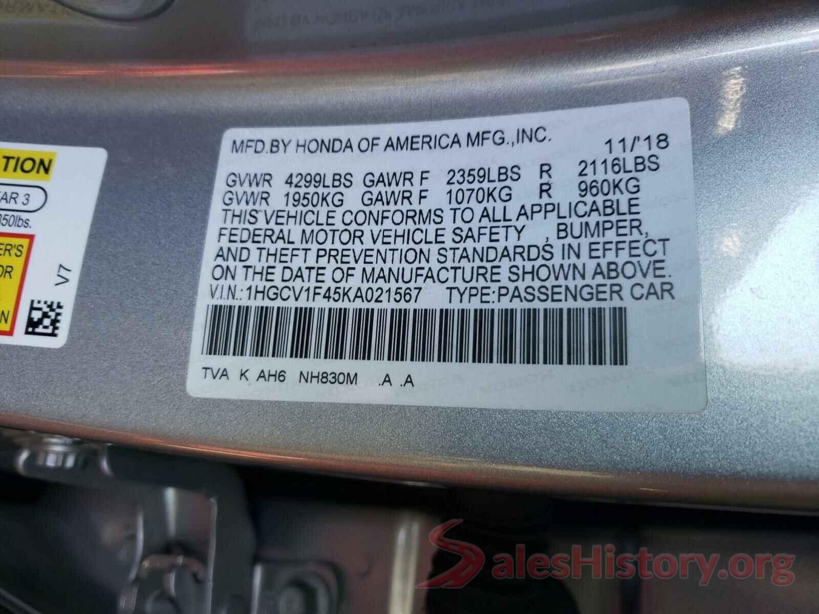 1HGCV1F45KA021567 2019 HONDA ACCORD