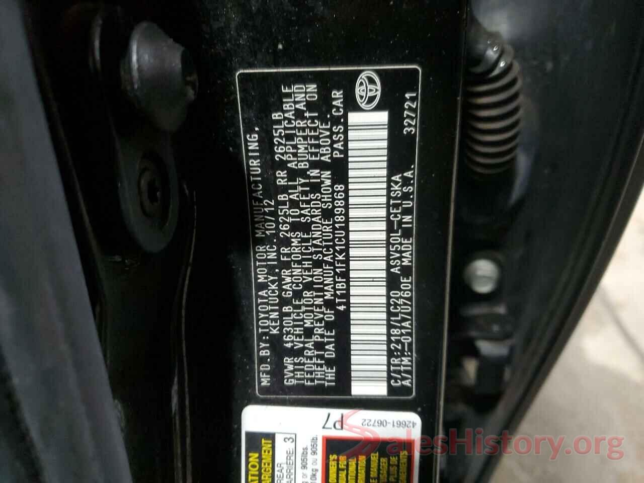 4T1BF1FK1CU189868 2012 TOYOTA CAMRY