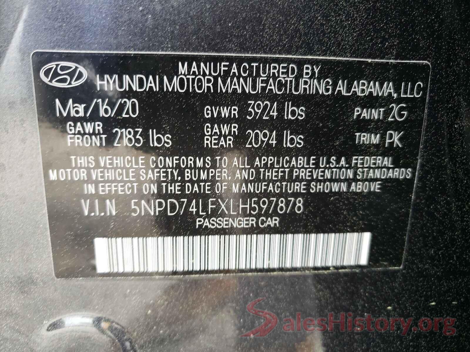 5NPD74LFXLH597878 2020 HYUNDAI ELANTRA