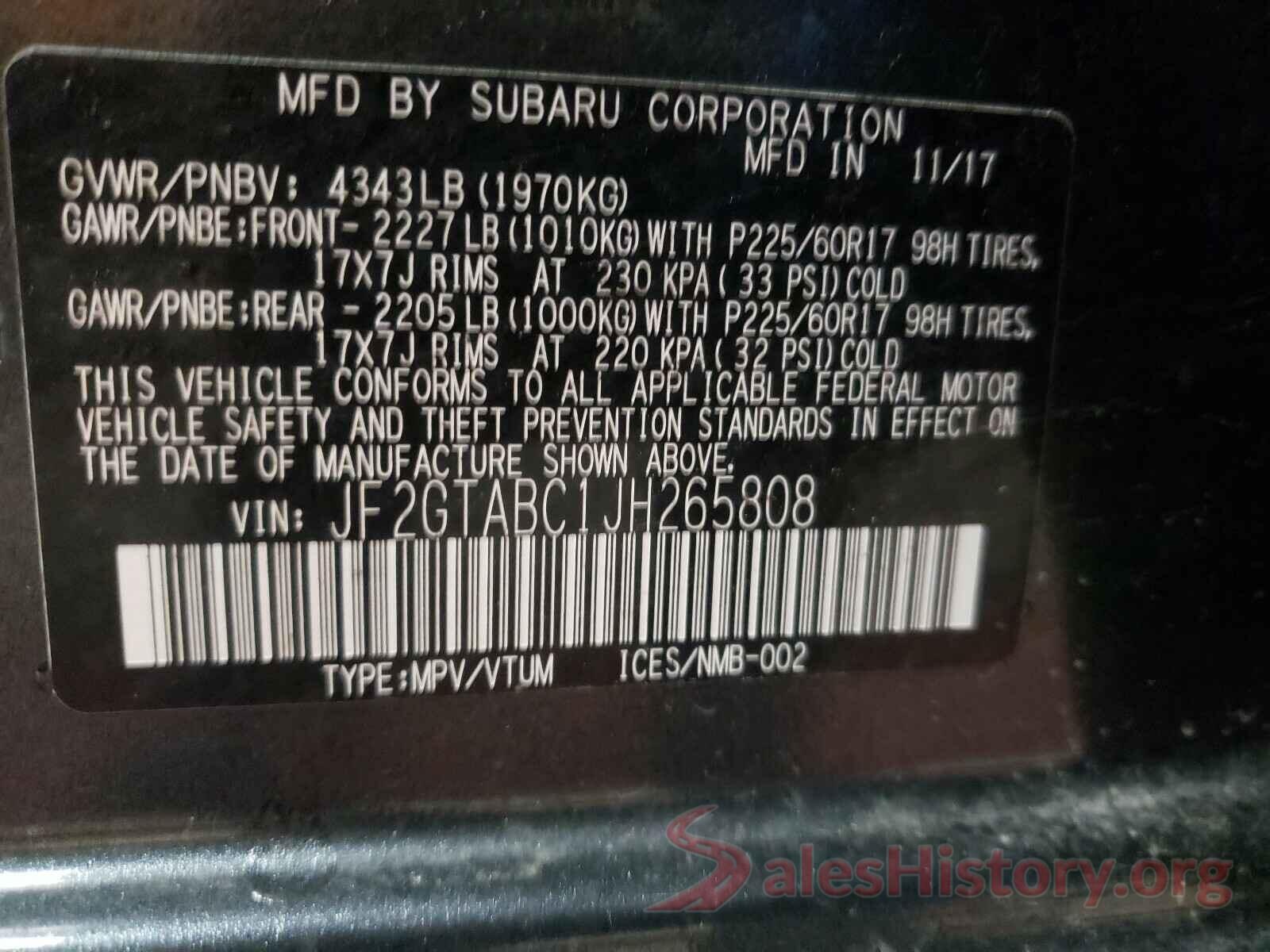 JF2GTABC1JH265808 2018 SUBARU CROSSTREK