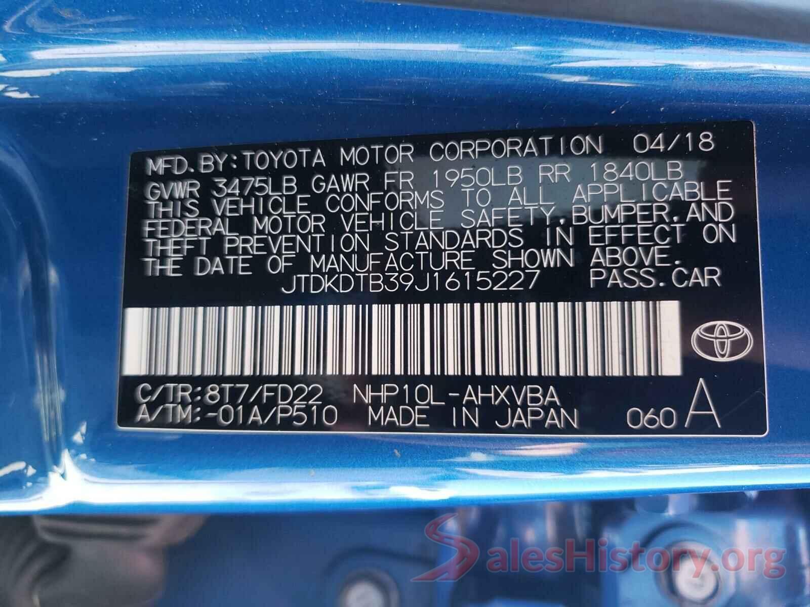 JTDKDTB39J1615227 2018 TOYOTA PRIUS