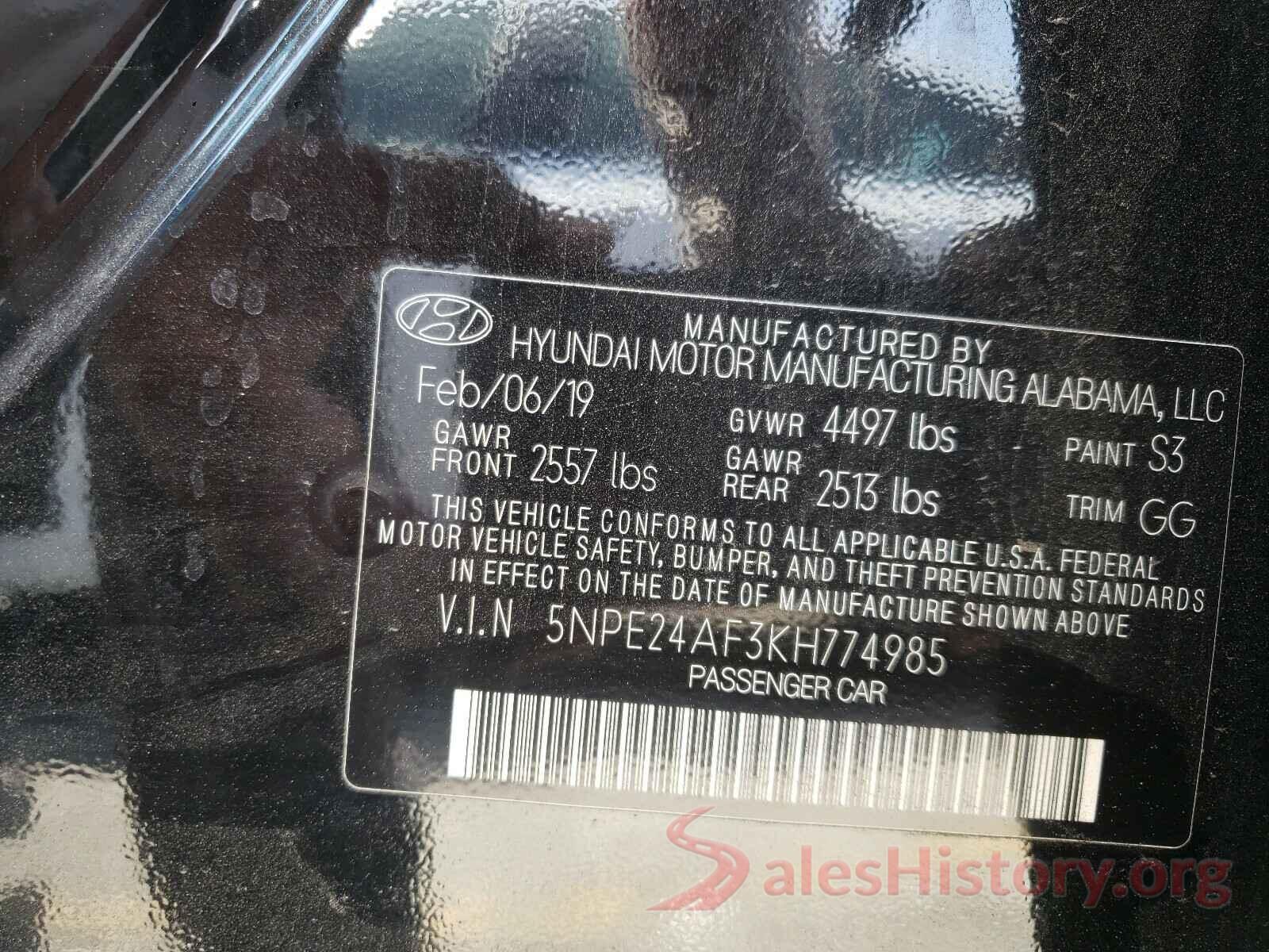 5NPE24AF3KH774985 2019 HYUNDAI SONATA