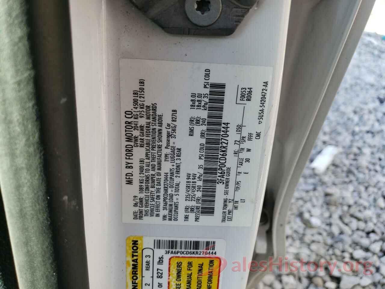 3FA6P0CD6KR270444 2019 FORD FUSION